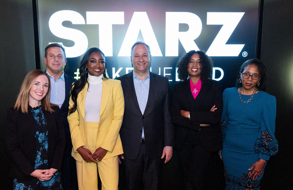 The Second Gentleman of the United States, Douglas Emhoff, with (from L to R) Alison Hoffman, President, Domestic Networks, STARZ; Jeffrey Hirsch, President and CEO, STARZ; Patina Miller, lead actress in STARZ’s “Power Book III: Raising Kanan;” Kathryn Busby, President, Original Programming, STARZ; and Karyn Temple, Senior Executive Vice President and Global General Counsel, Motion Picture Association at the STARZ #TakeTheLead Transparency Talk hosted in collaboration with the Motion Picture Association on Tuesday, March 7, 2023.