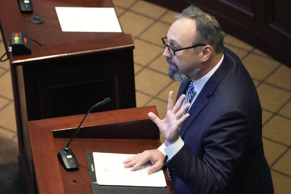 CORRECTS TO BUCK DOUGHERTY, NOT BENJAMIN MORGAN - Attorney Buck Dougherty, representing the Mississippi Association of Independent Schools, argues before a three-judge panel at the Mississippi Supreme Court, for a state law that would put $10 million of federal pandemic relief money into infrastructure grants for private schools, Tuesday, Feb. 6, 2024, in Jackson, Miss. (AP Photo/Rogelio V. Solis)