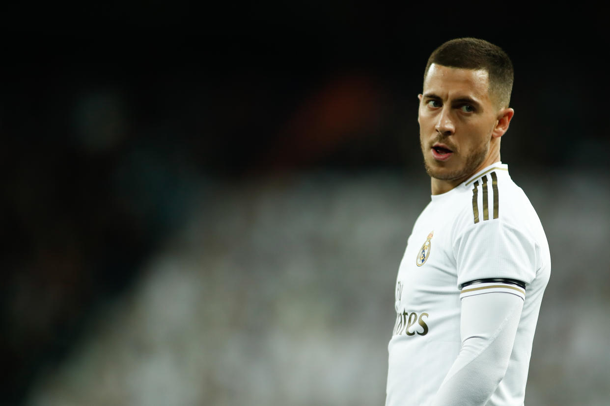 MADRID, SPAIN - FEBRUARY 16: Eden Hazard of Real Madrid looks on during the Spanish League, La Liga, football match played between Real Madrid and RC Celta de Vigo at Santiago Bernabeu stadium on February 16, 2020 in Madrid, Spain. (Photo by Oscar J. Barroso / AFP7 / Europa Press Sports via Getty Images)