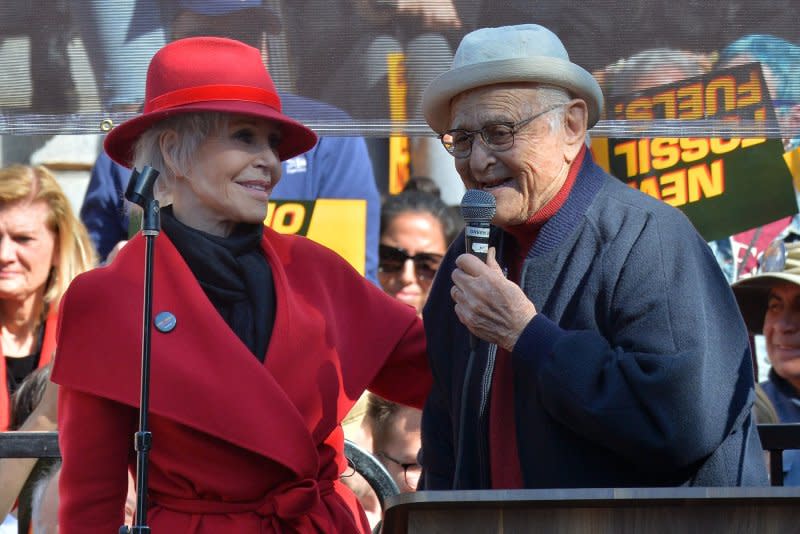 Jane Fonda joins Norman Lear during a Fired Frill Friday event outside City Hall in Los Angeles in 2020. File Photo by Jim Ruymen/UPI