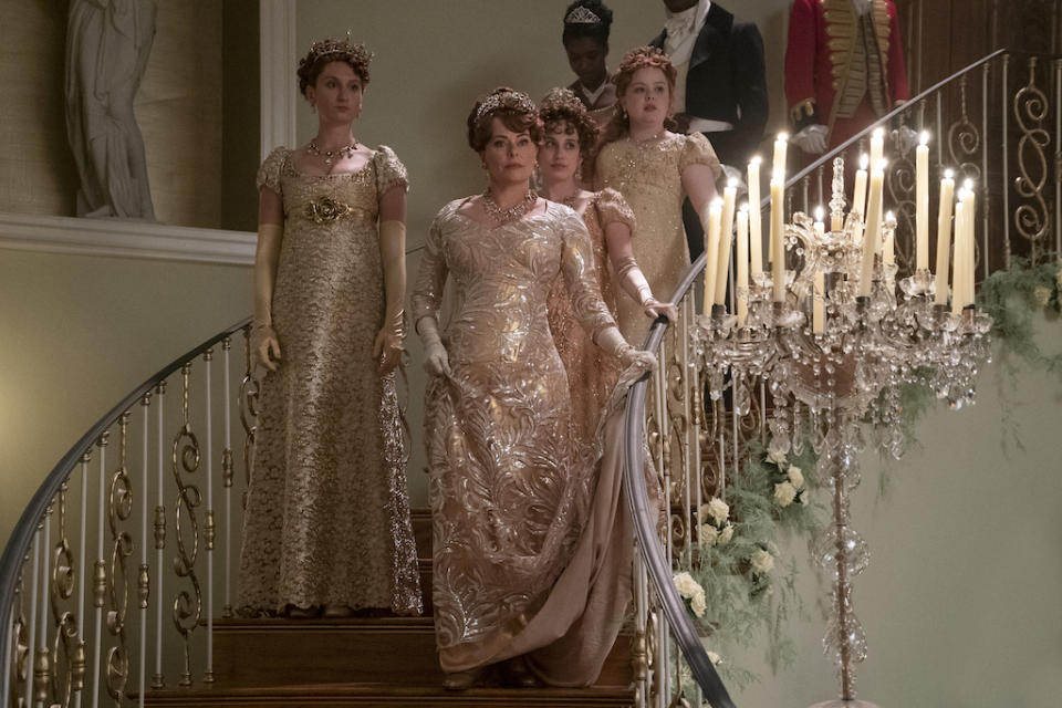 Bessie Carter as Prudence Featherington, Polly Walker as Lady Portia Featherington, Harriet Cains as Philipa Featherington, Nicola Coughlan as Penelope Featherington in episode 201 of “Bridgerton”. - Credit: LIAM DANIEL/NETFLIX