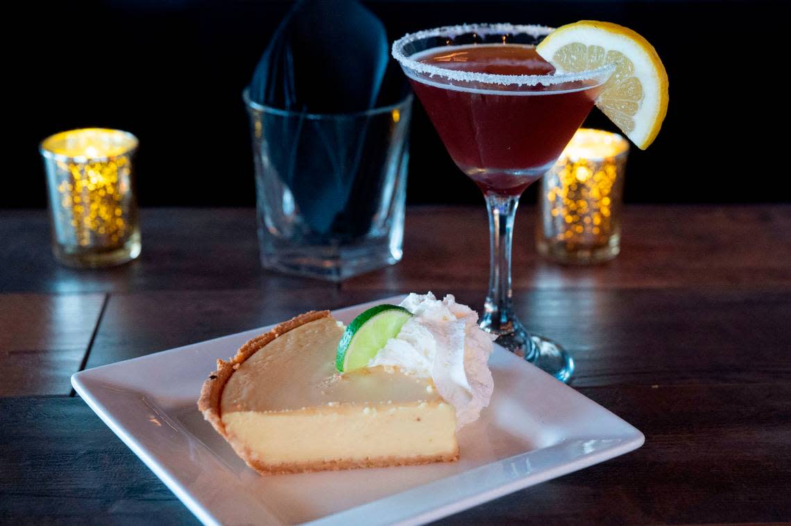 Thanks to familial service and an intimate, living-room-like setting, Thirsty Hound has become a favorite watering hole for cocktails like this raspberry lemon drop and Lim’s silky homemade key lime pie.