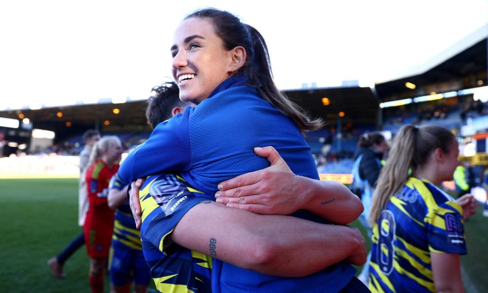 <span>Emma Samways of Hashtag United celebrates victory over Newcastle in the FA Women's National League Cup final. She was sidelined by an ACL injury sustained in the semi.</span><span>Photograph: Ben Hoskins/The FA/Getty</span>