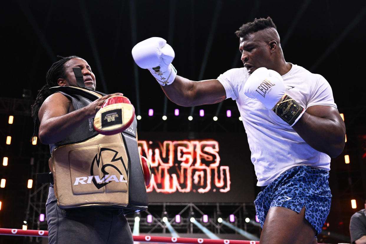 RIYADH, SAUDI ARABIA - OCTOBER 25: Francis Nganno trains during a public workout ahead of the Tyson Fury v Francis Ngannou boxing match at Boulevard Hall on October 25, 2023 in Riyadh, Saudi Arabia. (Photo by Justin Setterfield/Getty Images)