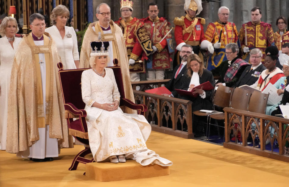 LONDON, ENGLAND - MAY 06: Queen Camilla is crowned with Queen Mary's Crown during her coronation ceremony at Westminster Abbey on May 6, 2023 in London, England. The Coronation of Charles III and his wife, Camilla, as King and Queen of the United Kingdom of Great Britain and Northern Ireland, and the other Commonwealth realms takes place at Westminster Abbey today. Charles acceded to the throne on 8 September 2022, upon the death of his mother, Elizabeth II. (Photo by Jonathan Brady - WPA Pool/Getty Images)