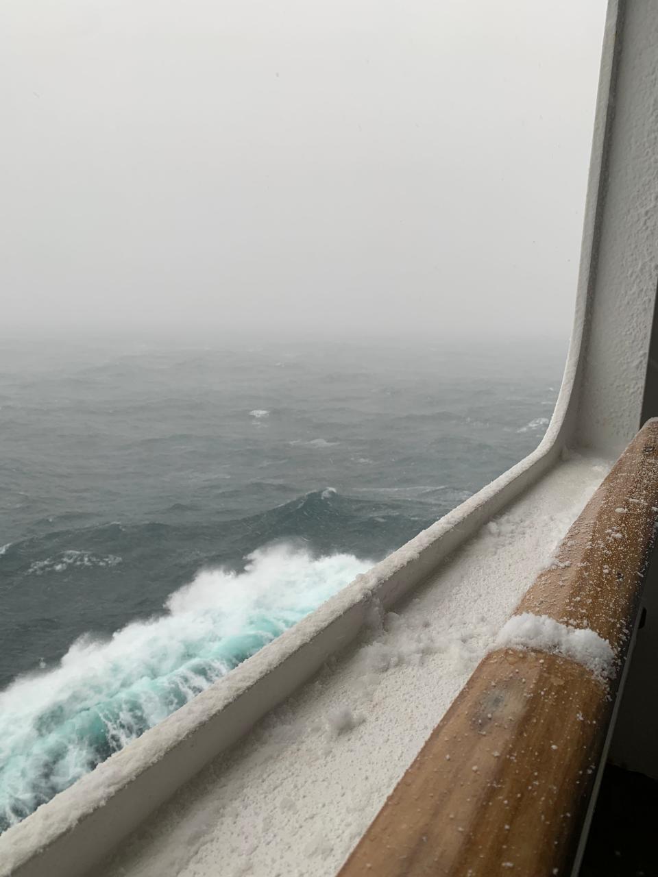 Snow on an outside window on board the Queen Mary 2 on the crossing from New York to Southampton, UK. Temperatures hovered just above zero and the seas were rough.