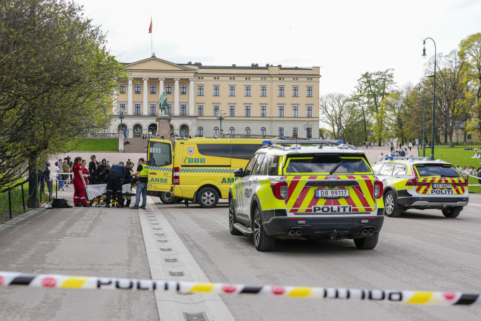 Emergency services at the scene after a person was attacked in Oslo, Wednesday, May 1, 2024. A man carrying two knives stabbed one person and threatened around ten others in the center of Oslo, Wednesday. (Heiko Junge/NTB Scanpix via AP)