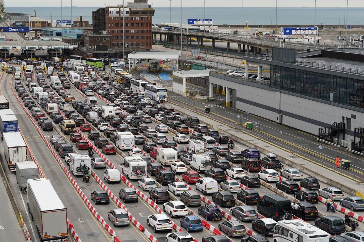 Traffic queuing at the Port of Dover in Kent on Friday morning  (PA)