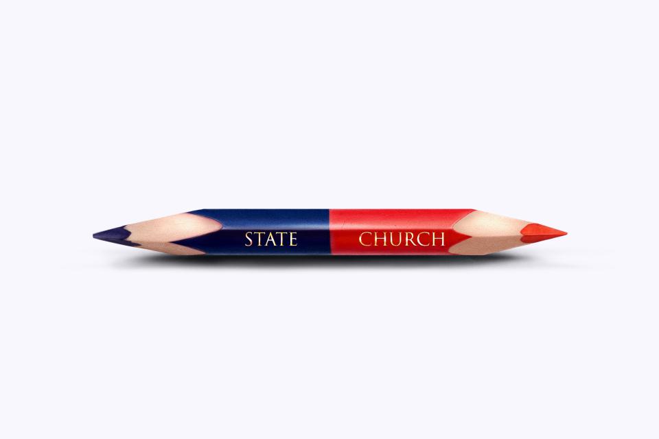 A two-ended blue-red pencil with the word 