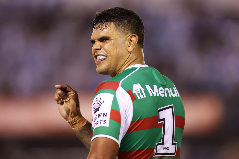 Latrell Mitchell reacts during the NRL match against the Sharks.