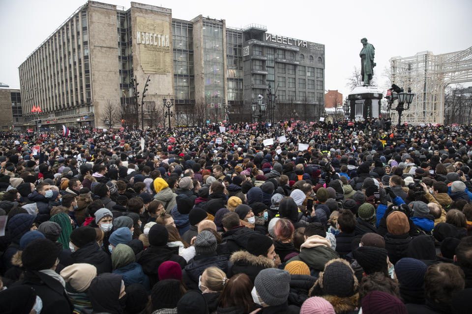 People gather in Pushkin Square during a protest against the jailing of opposition leader Alexei Navalny in Moscow, Russia, Saturday, Jan. 23, 2021. Russian police on Saturday arrested hundreds of protesters who took to the streets in temperatures as low as minus-50 C (minus-58 F) to demand the release of Alexei Navalny, the country's top opposition figure. (AP Photo/Pavel Golovkin)
