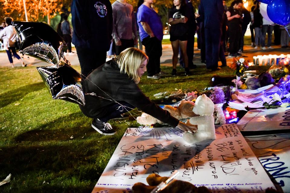 Santa Clarita and Saugus High School students andalumni hold a vigil on Nov. 17, 2019 in Santa Clarita, Calif. to honor those impacted by the Nov. 14, 2019 shooting at Saugus High School.