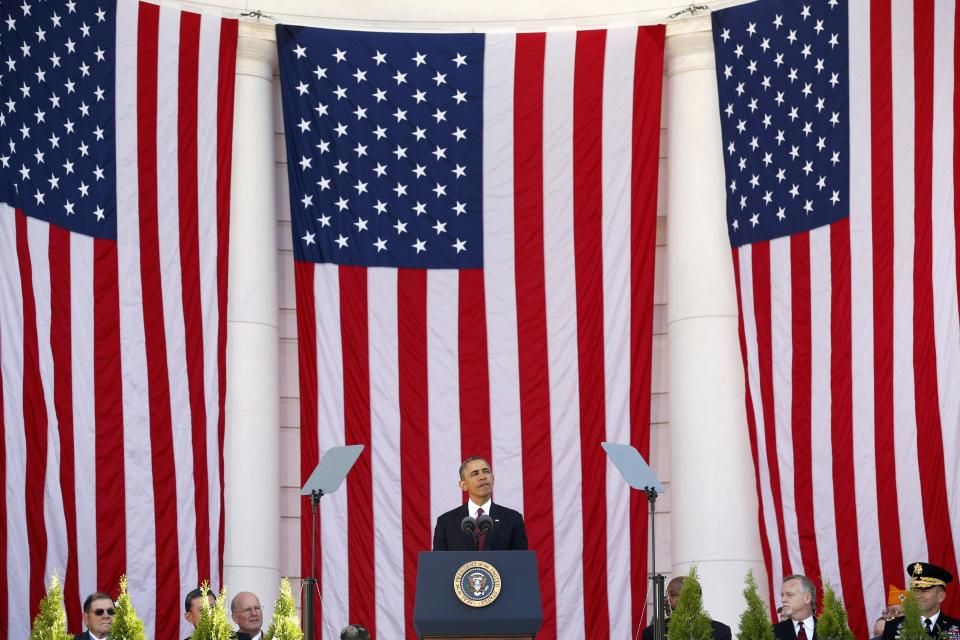 U.S. President Obama speaks during a Veterans Day ceremony at Arlington National Cemetery in Washington