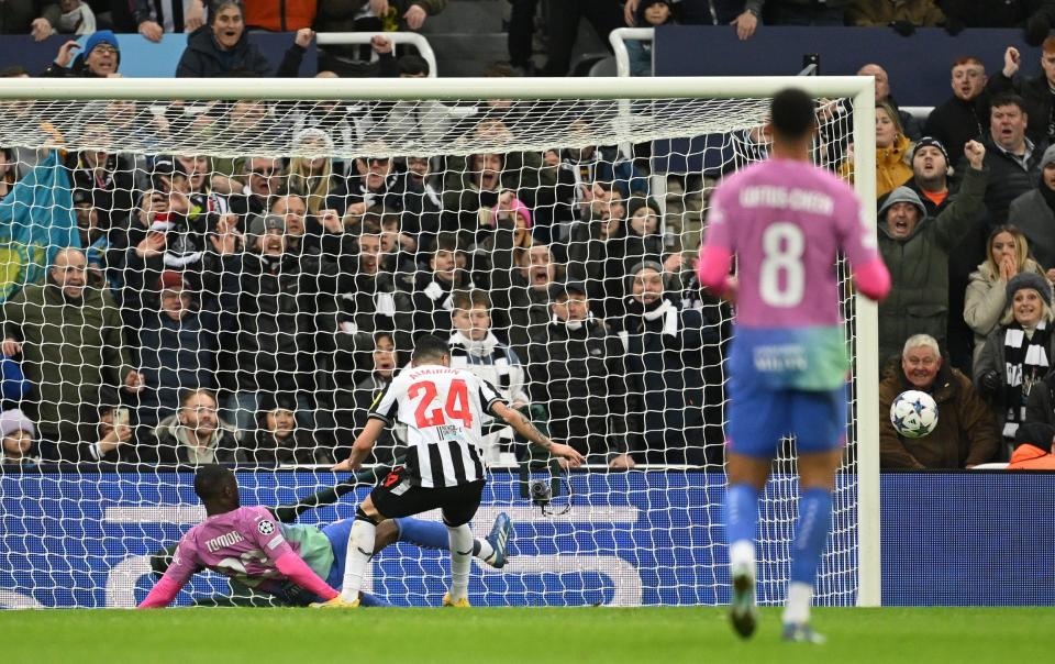 Tomori challenges Almiron on the goal-line