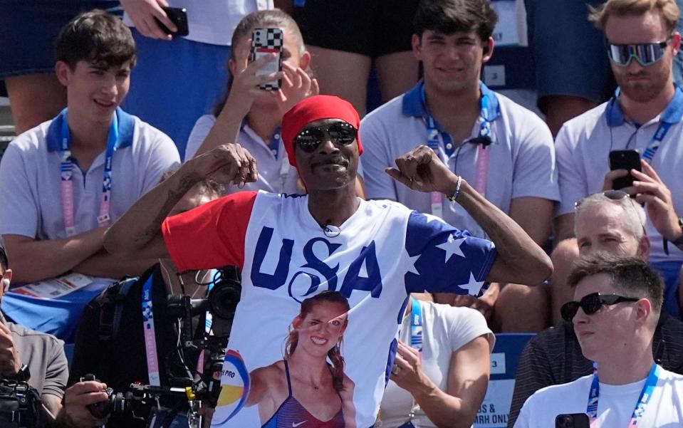 Snoop Dogg at the United States-France women's beach volleyball match during the Paris 2024 Summer Olympics