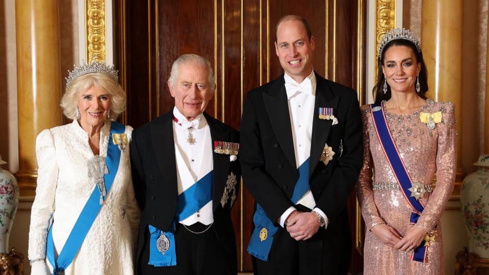 PHOTO: Queen Camilla, King Charles III, Prince William, Prince of Wales and Catherine, Princess of Wales pose for a photograph ahead of The Diplomatic Reception in the 1844 Room at Buckingham Palace, Dec. 5, 2023, in London. (Chris Jackson/Getty Images)