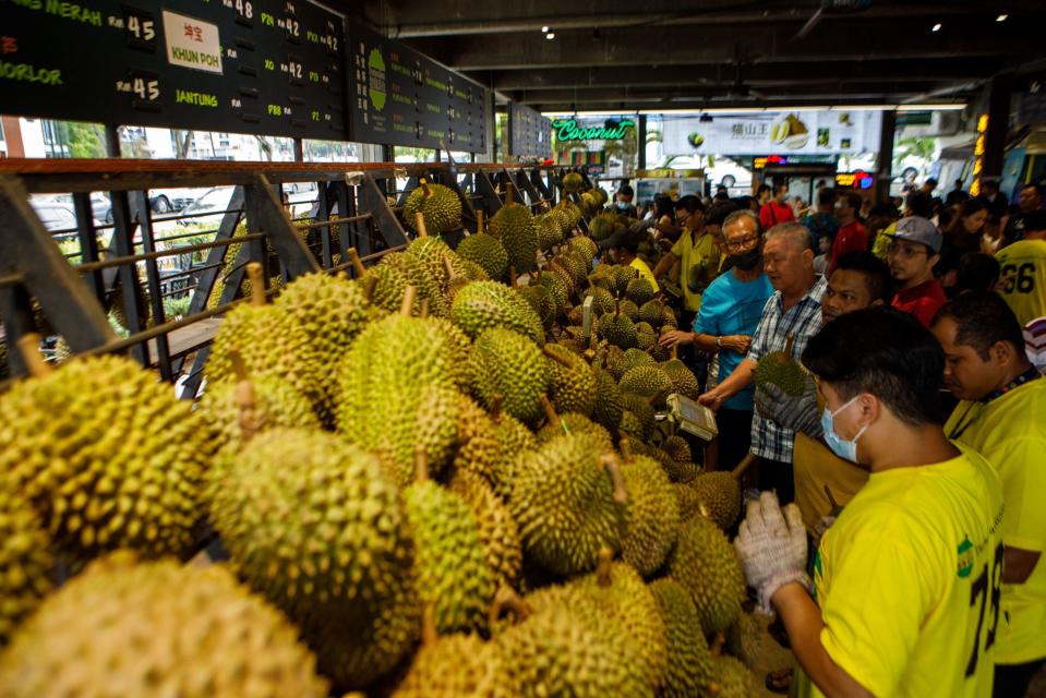 Durians on display at a stall in Petaling Jaya in Malaysia.