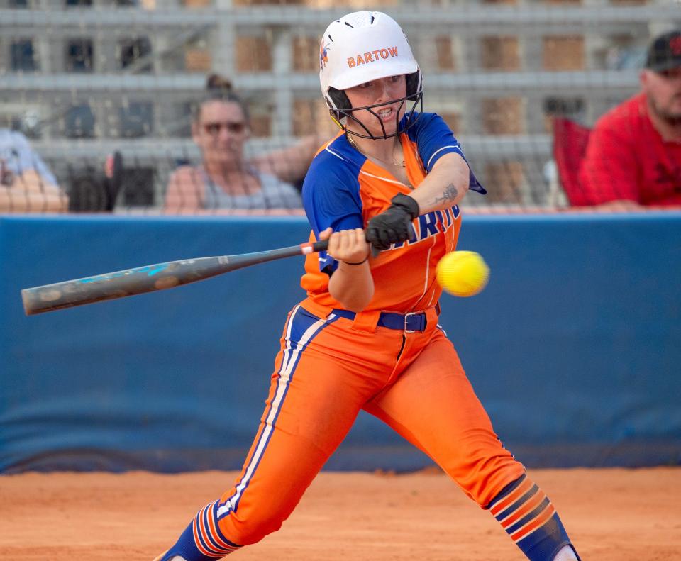 Bartow's Kyndal Cornelius singles against Lake Region on Saturday in the championship game of Bartow's Tournament of Champions.