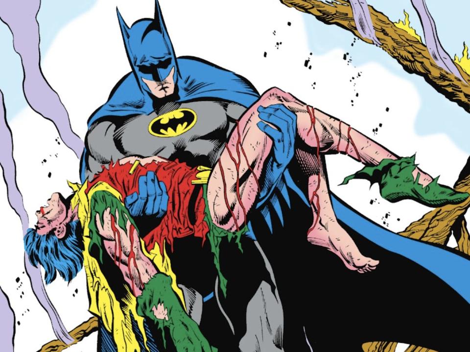 Batman carrying Jason Todd's body in "Batman" #428.