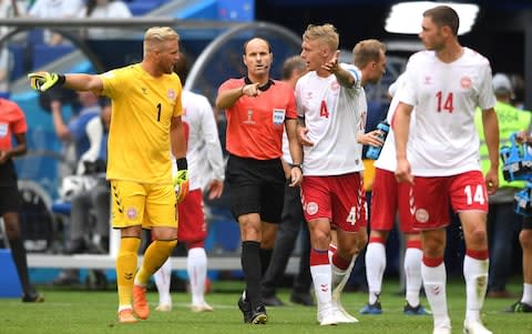 Referee Mark Geiger awards Australia a penalty after consulting VAR during the 2018 FIFA World Cup Russia group C match between Denmark and Australia at Samara Arena on June 21, 2018 in Samara, Russia - Credit: Getty Images 