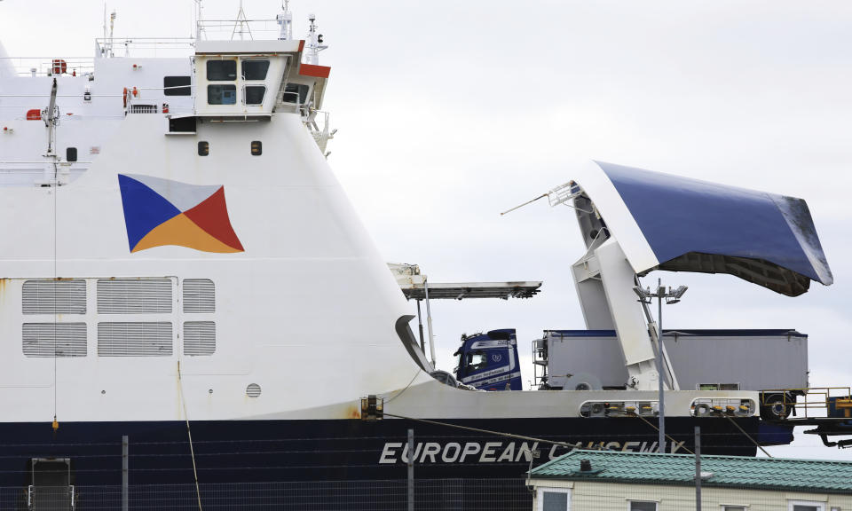 Freight lorries board the P&O ferry from Larne to Cairnryan at Larne Port, Northern Ireland, Monday, Feb. 27, 2023. The U.K. and the European Union were poised Monday to end years of wrangling and seal a deal to resolve their thorny post-Brexit trade dispute over Northern Ireland. (AP Photo/Peter Morrison)