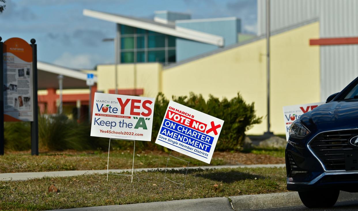 A sign shows support for the Sarasota County schools property tax referendum in 2022.