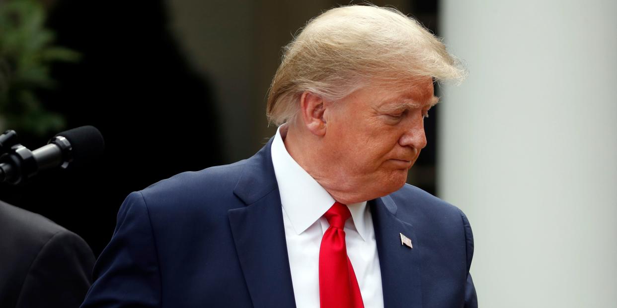 President Donald Trump leaves after speaking in the Rose Garden of the White House, Friday, May 29, 2020, in Washington. (AP Photo/Alex Brandon)