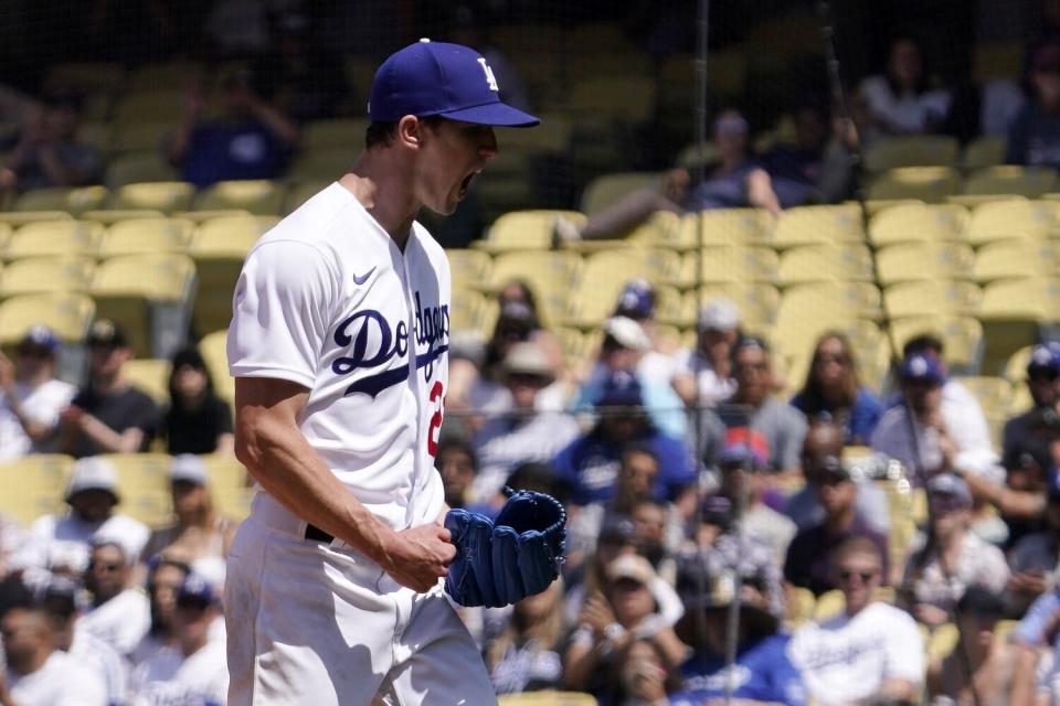 Dodgers pitcher Walker Buehler celebrates.