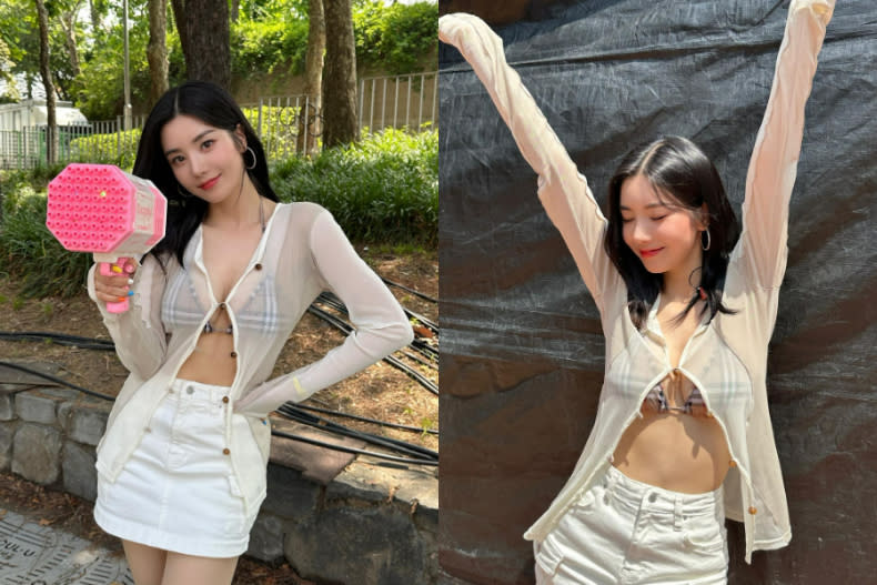 IZ*ONE隊長權恩妃在南韓一年一度夏天音樂盛事「Waterbomb音樂節」上，就穿上了BURBERRY的比基尼上衣，外面罩上一件極透膚的防曬外套