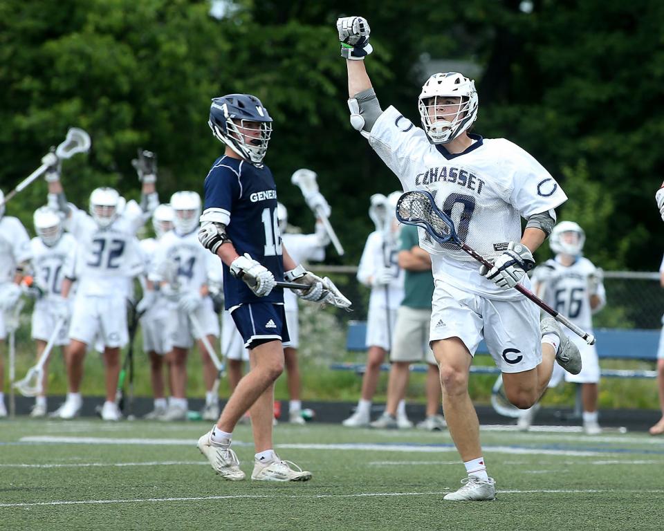 Cohasset's Liam Appleton celebrates his goal in the fourth quarter to give Cohasset the 9-4 lead over Hamilton-Wenham during fourth quarter action of their game in the Sweet 16 round of the Division 4 state tournament at Cohasset High School on Saturday, June 11, 2022. 