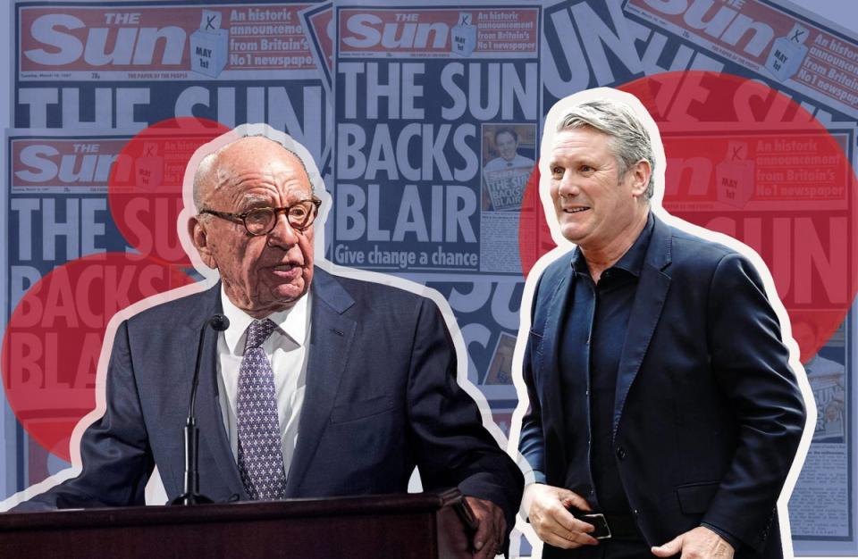 Word spread quickly around Westminster that Sir Keir Starmer was clearly in the ascendant by being invited to sit with Rupert Murdoch on his sofa at the mogul’s midsummer party (ES Composite)