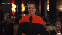 In this video grab issued Sunday, Sept. 19, 2021, by the Television Academy, Olivia Colman accepts the award for outstanding lead actress in a drama series for "The Crown" during the Primetime Emmy Awards. (Television Academy via AP)