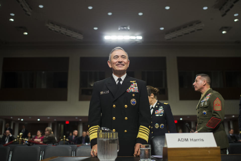 Adm. Harry Harris Jr., commander of the U.S. Pacific Command, arrives to testify at a Senate Armed Services Committee hearing about North Korea on April 27. (Photo: Tom Williams via Getty Images)