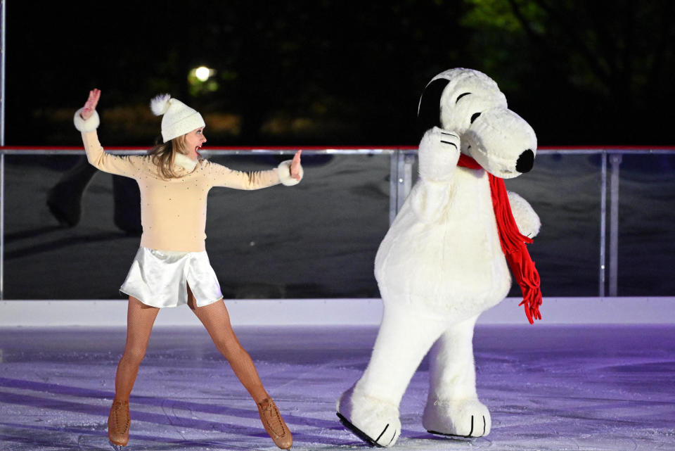 US figure skater Kimberly Navarro (L) performs during the unveiling of the holiday ice skating rink, on the South Lawn of the White House in Washington, DC, on November 29, 2023. / Credit: MANDEL NGAN/AFP via Getty Images