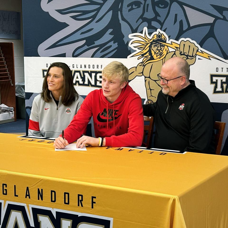 Colin White signed as part of Ohio State's class of 2024. At a press conference inside Ottawa-Glandorf High School, White sat flanked by his parents, Sandy (left) and Terry (right) on Nov. 8, 2023.
