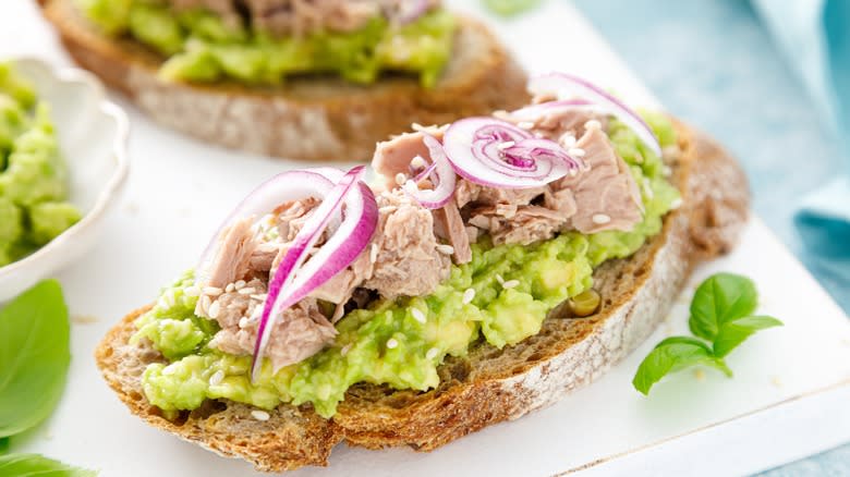 Canned fish on avocado toast