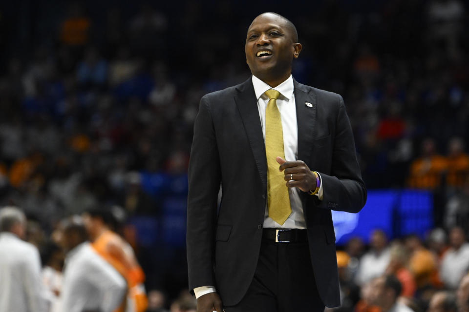 Missouri coach Dennis Gates looks on during the second half of an NCAA college basketball game against Tennessee in the quarterfinals of the Southeastern Conference Tournament, Friday, March 10, 2023, in Nashville, Tenn. (AP Photo/John Amis)