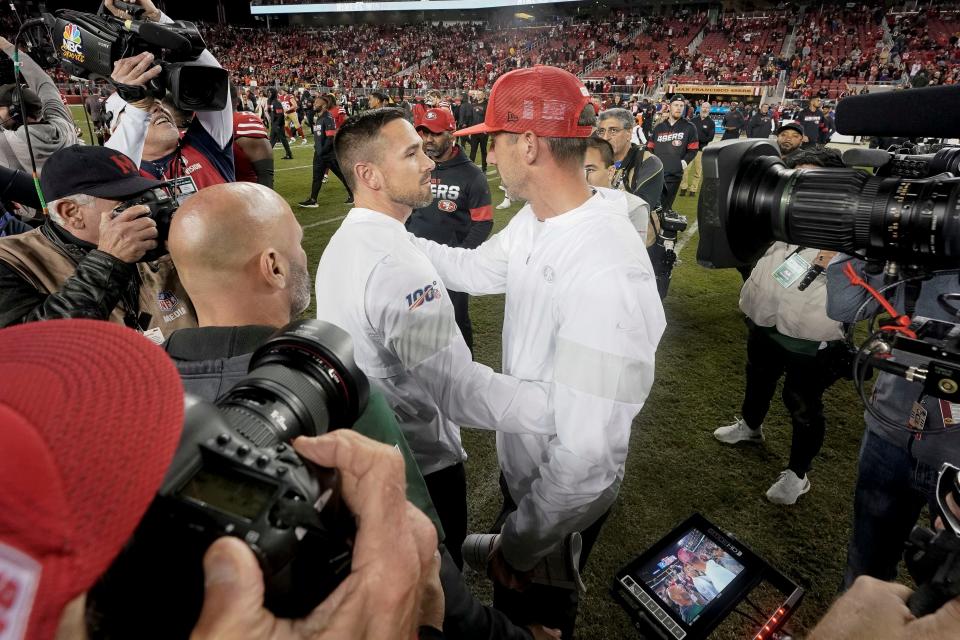 Nov 24, 2019; Santa Clara, CA, USA; Green Bay Packers head coach Matt LaFleur and San Francisco 49ers head coach Kyle Shanahan after the game at Levi's Stadium. Mandatory Credit: Stan Szeto-USA TODAY Sports