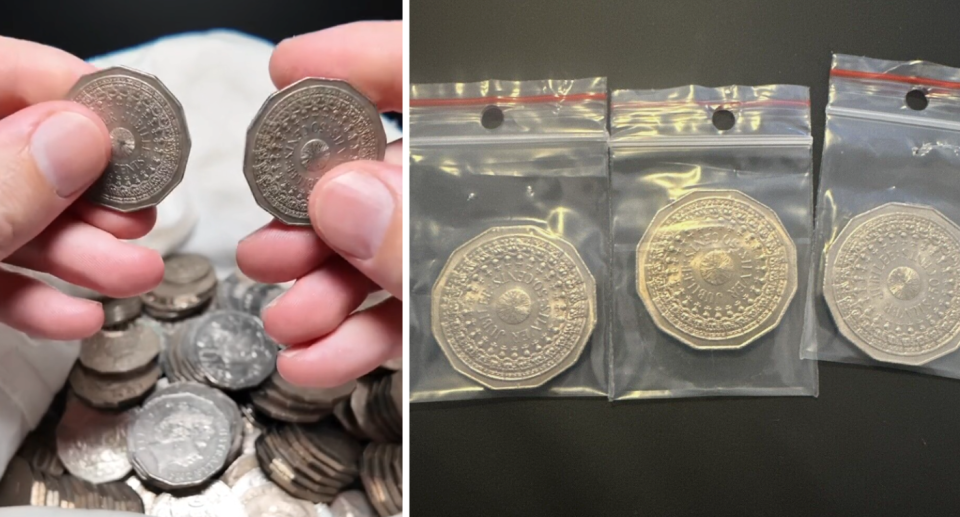 Aussie coin collector holding two 50 cent coins next to three of the same coins in plastic bags