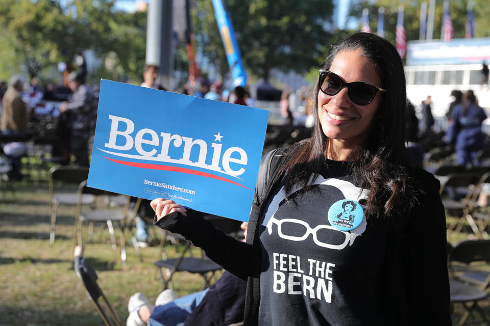 A supporter holds up a sign Vermont senator and Democratic presidential candidate Bernie Sanders as he campaigns at the Bernie's Back Rally in Long Island City, New York on Saturday, Oct. 19, 2019. (Photo: Gordon Donovan/Yahoo News) 
