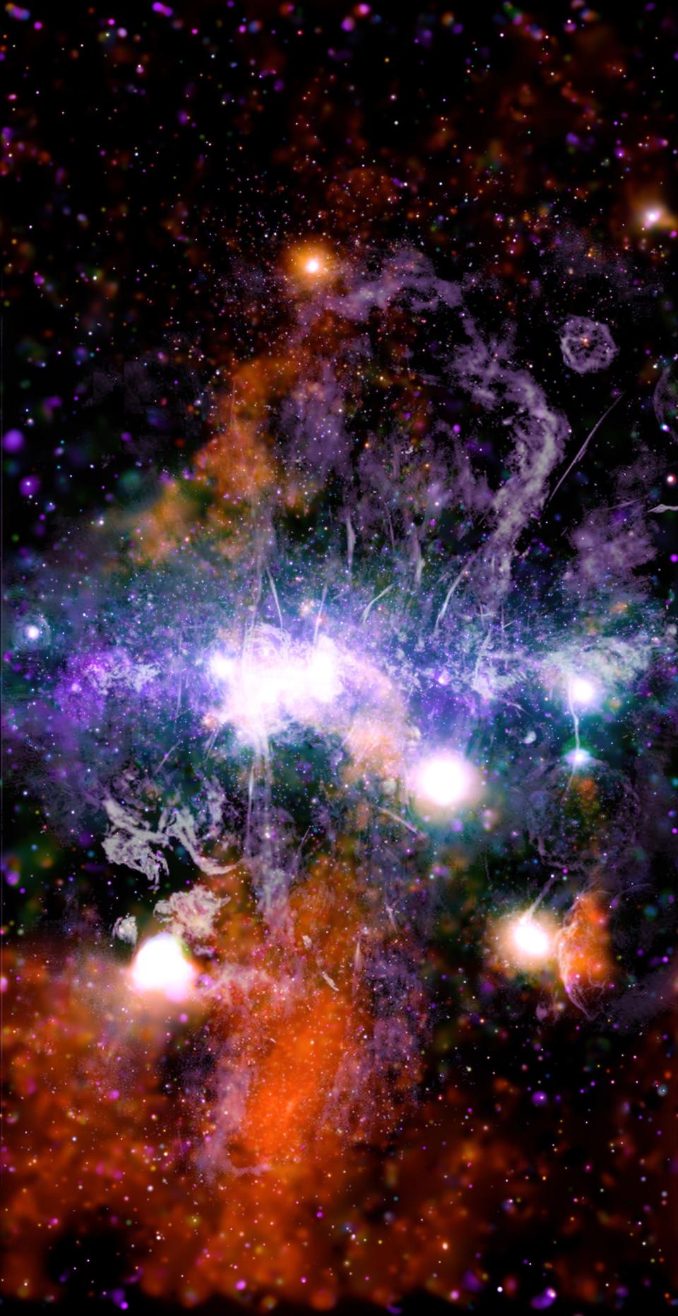 Milky Way center with glowing purple and orange clouds dotted with bright white lights in black and purple space