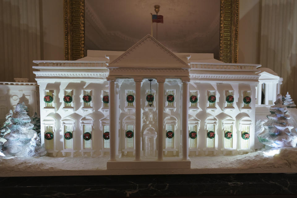 The gingerbread house, showcasing the full expanse of the National Mall: the Capitol, the Lincoln Memorial, the Jefferson Memorial, the Washington Monument, and, the White House is seen in the State Dining Room during the press preview at the White House in Washington, Monday, Nov. 26, 2018. (Photo: Carolyn Kaster/AP)