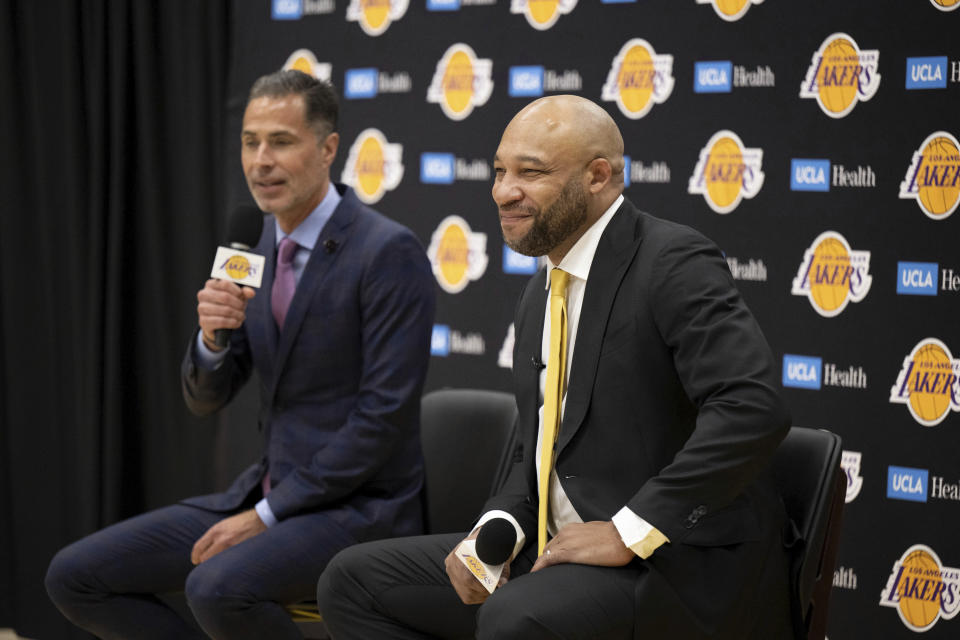 New Los Angeles Lakers head coach Darvin Ham, right, is introduced to the media by Lakers general manager Rob Pelinka, left, at a news conference Monday, June 6, 2022, in El Segundo, Calif. (David Crane/The Orange County Register via AP)