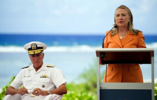 US Secretary of State Hillary Clinton (R) speaks at an event on peace and security in Rarotonga, Cook Islands on August 31, 2012. Clinton vowed that the United States would remain committed to the South Pacific "for the long haul" and offered new aid