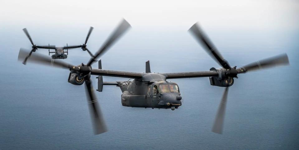 CV-22 Ospreys assigned to the 21st Special Operations Squadron approach an MC-130J Commando II for aerial refueling over the Sea of Japan, March 17, 2023. U.S. Air Force photo by Senior Airman Trevor Gordnier