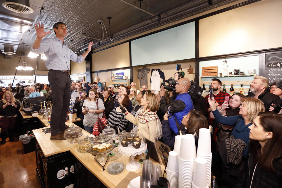 Former Texas congressman Beto O'Rourke speaks to local residents during a meet and greet at the Beancounter Coffeehouse & Drinkery, Thursday, March 14, 2019, in Burlington, Iowa. O'Rourke announced Thursday that he'll seek the 2020 Democratic presidential nomination. (AP Photo/Charlie Neibergall)