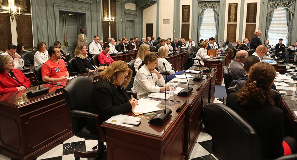 Healthcare workers were among those listening to public comments at Legislative Hall in Dover on Wednesday, March 27, 2024.