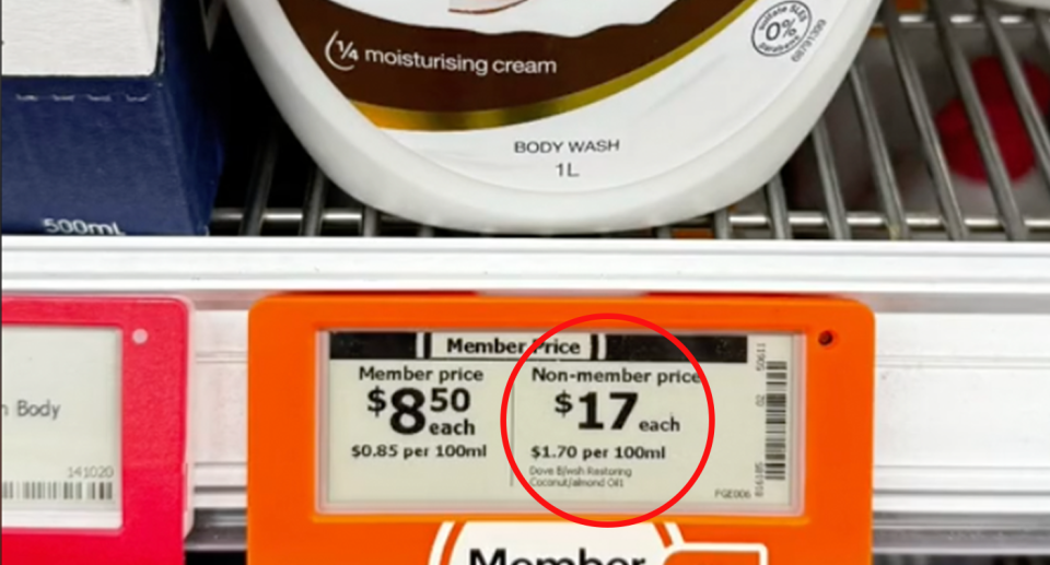 A body wash sold at Woolworths showing one price for members, and a much more expensive version for non-members. 