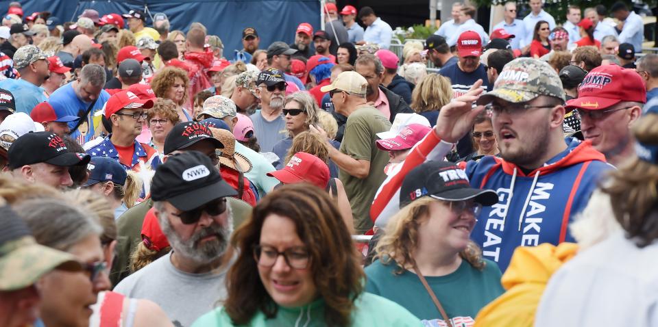 Crowds wait outside for Erie Insurance Arena to open prior to the Donald Trump rally in Erie on Saturday.