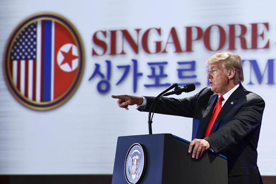 In this June 12, 2018, file photo, U.S. President Donald Trump answers questions about the summit with North Korea leader Kim Jong Un during a press conference at the Capella resort on Sentosa Island in Singapore. Trump and Kim are planning a second summit in the Vietnam capital of Hanoi, Feb. 27-28. (AP Photo/Susan Walsh, File)